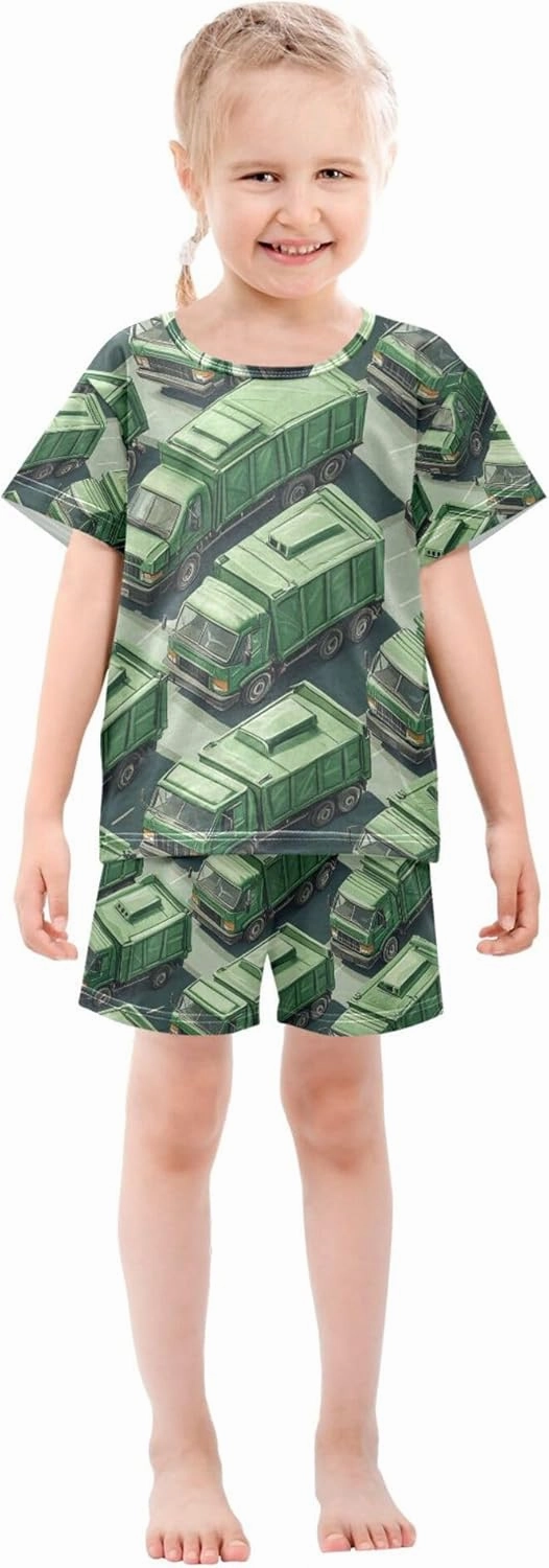 Green Garbage Trucks Pattern Summer Pajamas Short Set 2 Piece Sleepwear