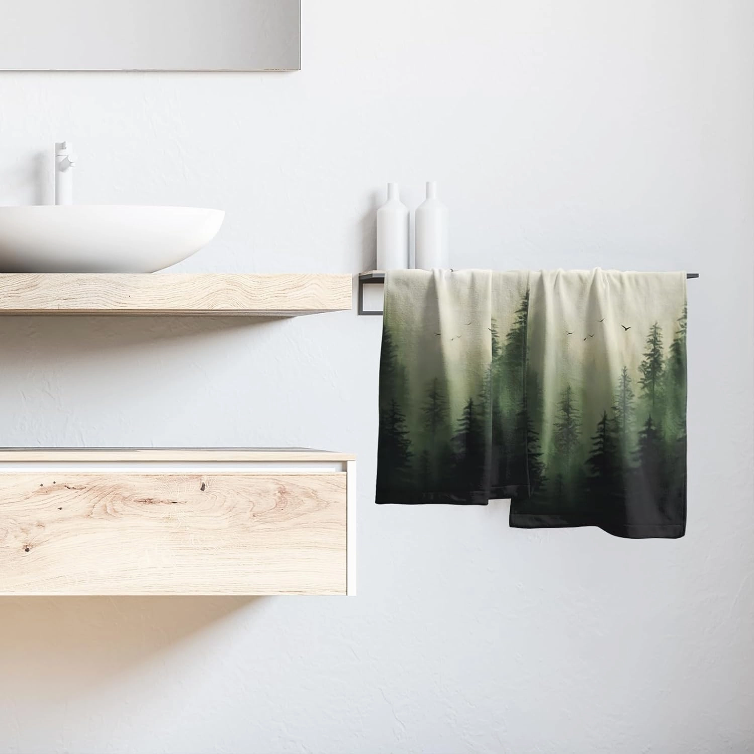 Green Misty Forest Hand Towels Set of 2 Mountain Woodland Soft Guest Face Bath Towel Bathroom Decorations Thin Kitchen Tea Dish Towels