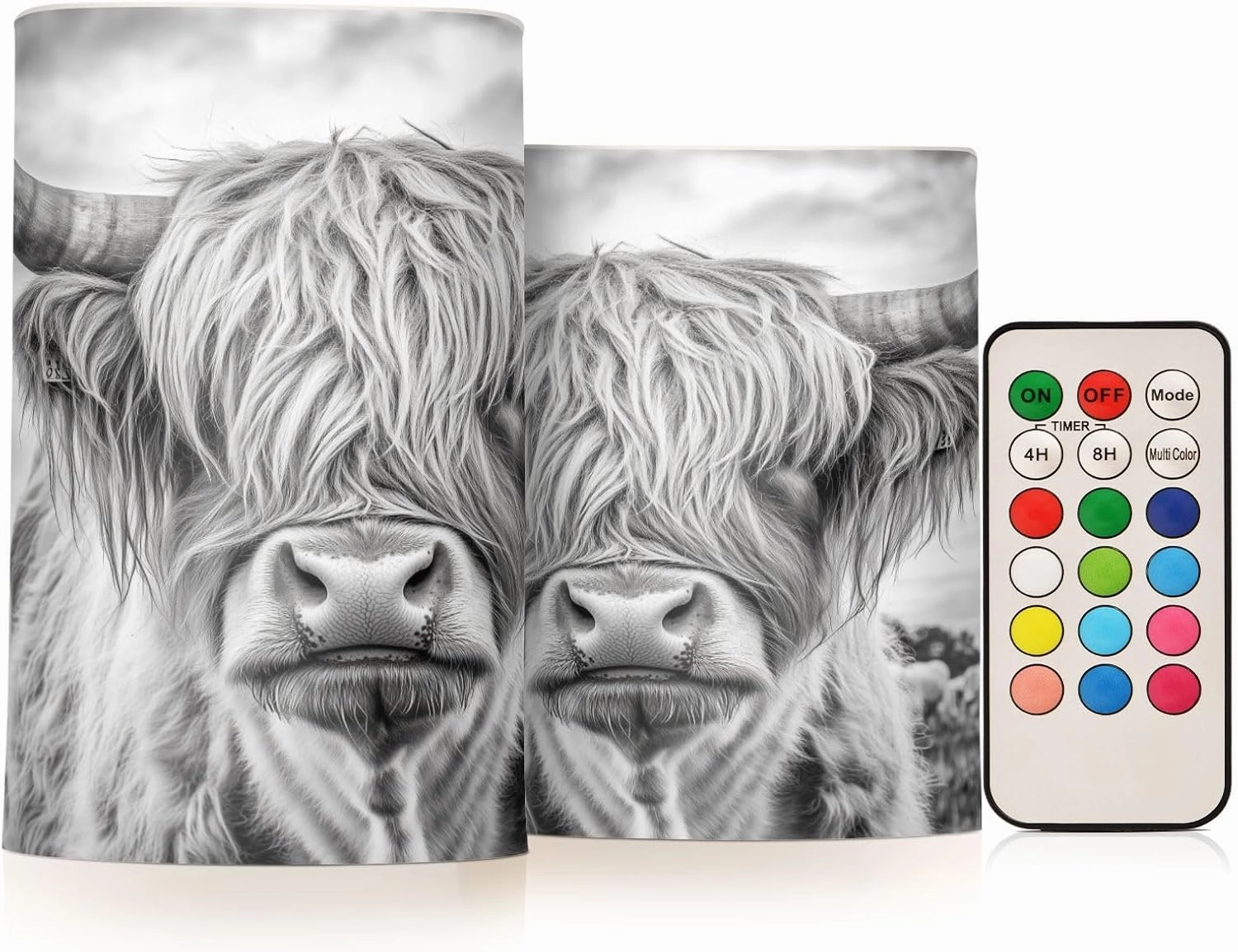 Grey White Highland Cow Pattern Flickering Flameless Candles LED Battery Operated with Remote Timer Pillar Candles for Home Birthday Wedding Christmas Decor, Set of 2