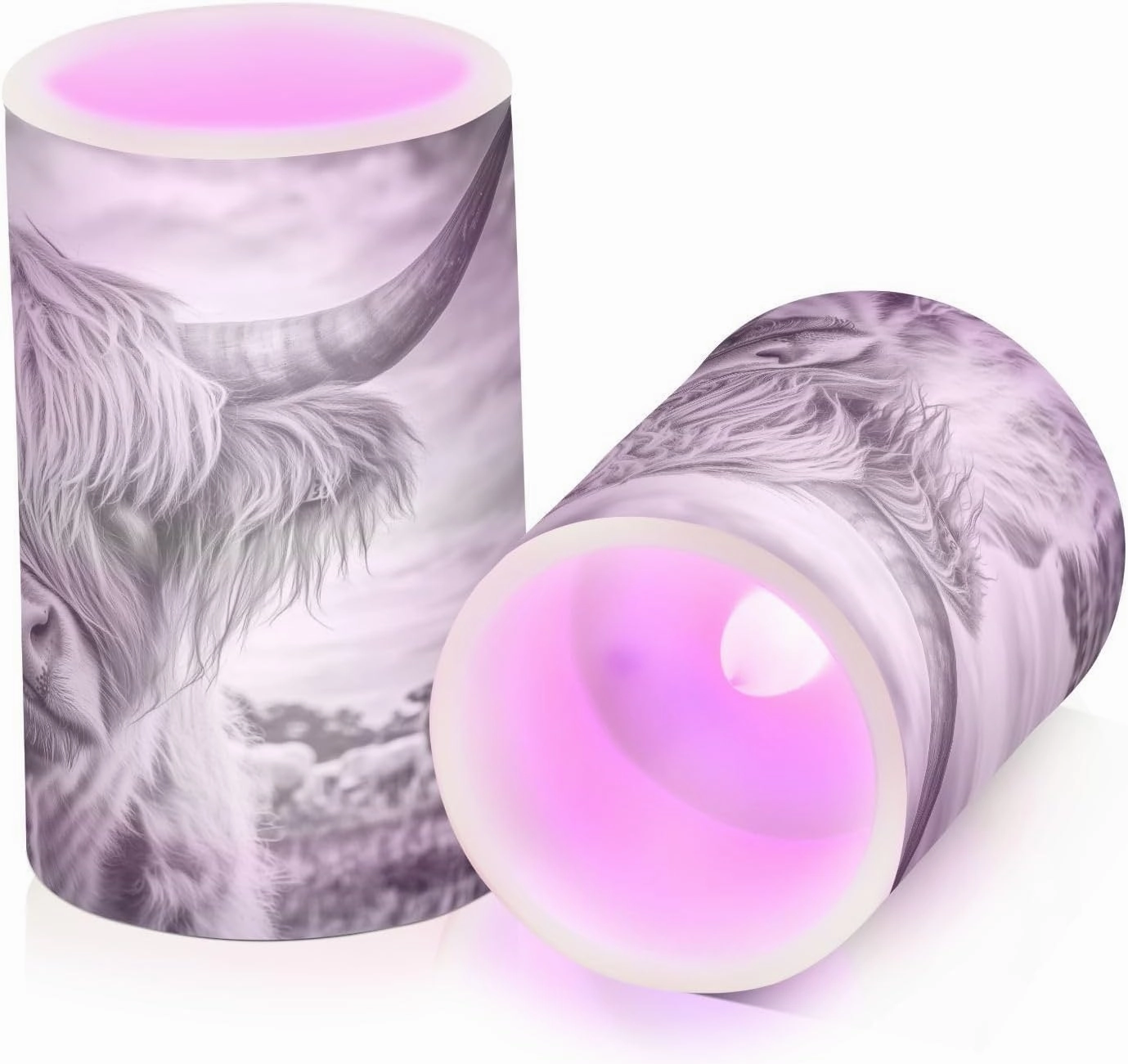 Grey White Highland Cow Pattern Flickering Flameless Candles LED Battery Operated with Remote Timer Pillar Candles for Home Birthday Wedding Christmas Decor, Set of 2