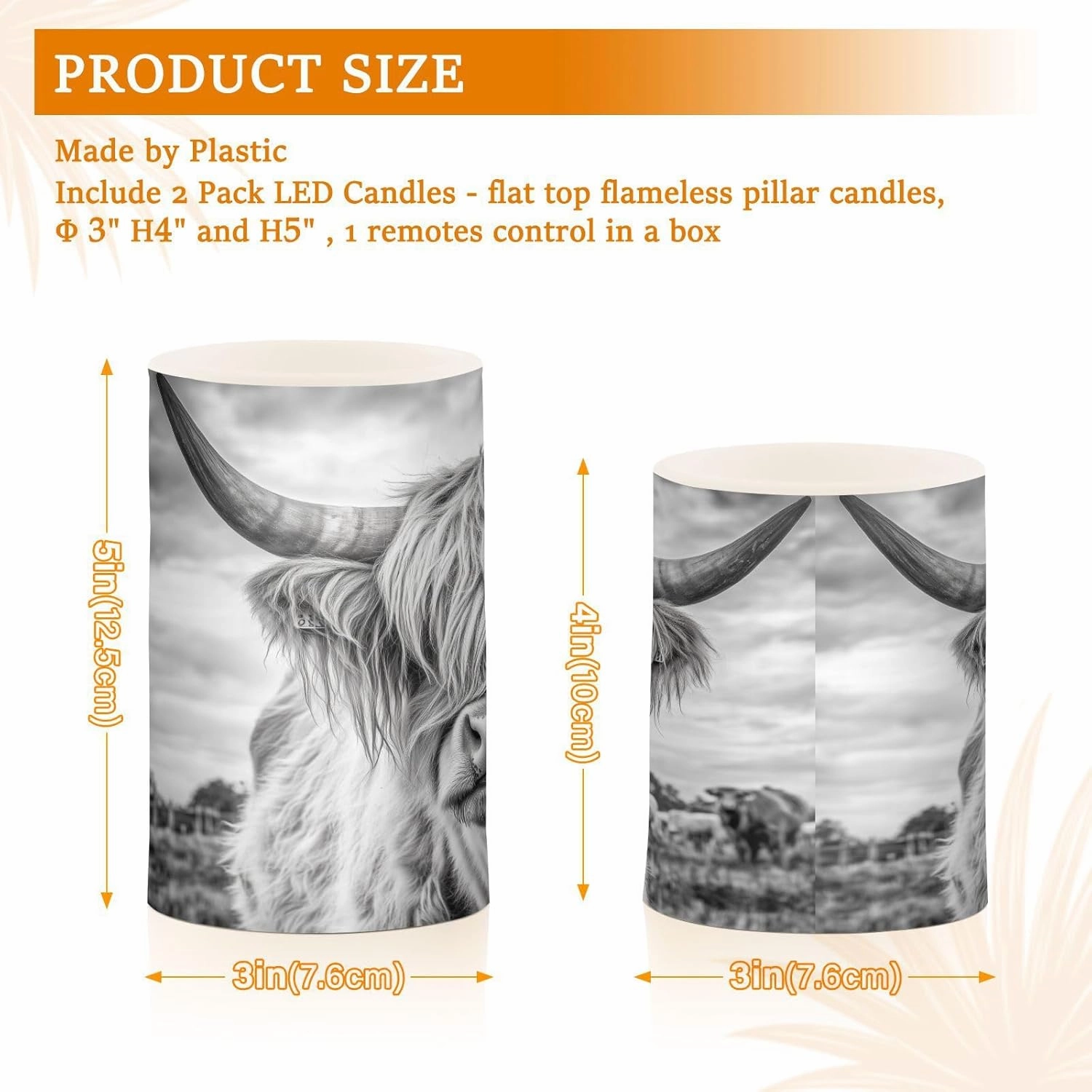 Grey White Highland Cow Pattern Flickering Flameless Candles LED Battery Operated with Remote Timer Pillar Candles for Home Birthday Wedding Christmas Decor, Set of 2