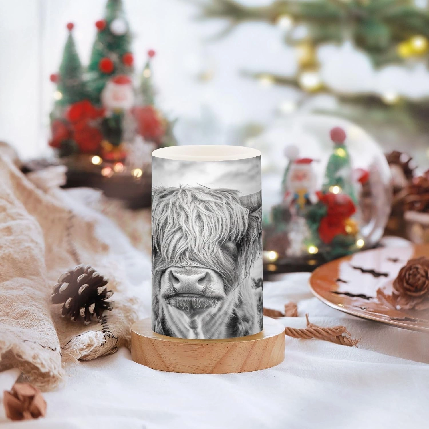 Grey White Highland Cow Pattern Flickering Flameless Candles LED Battery Operated with Remote Timer Pillar Candles for Home Birthday Wedding Christmas Decor, Set of 2