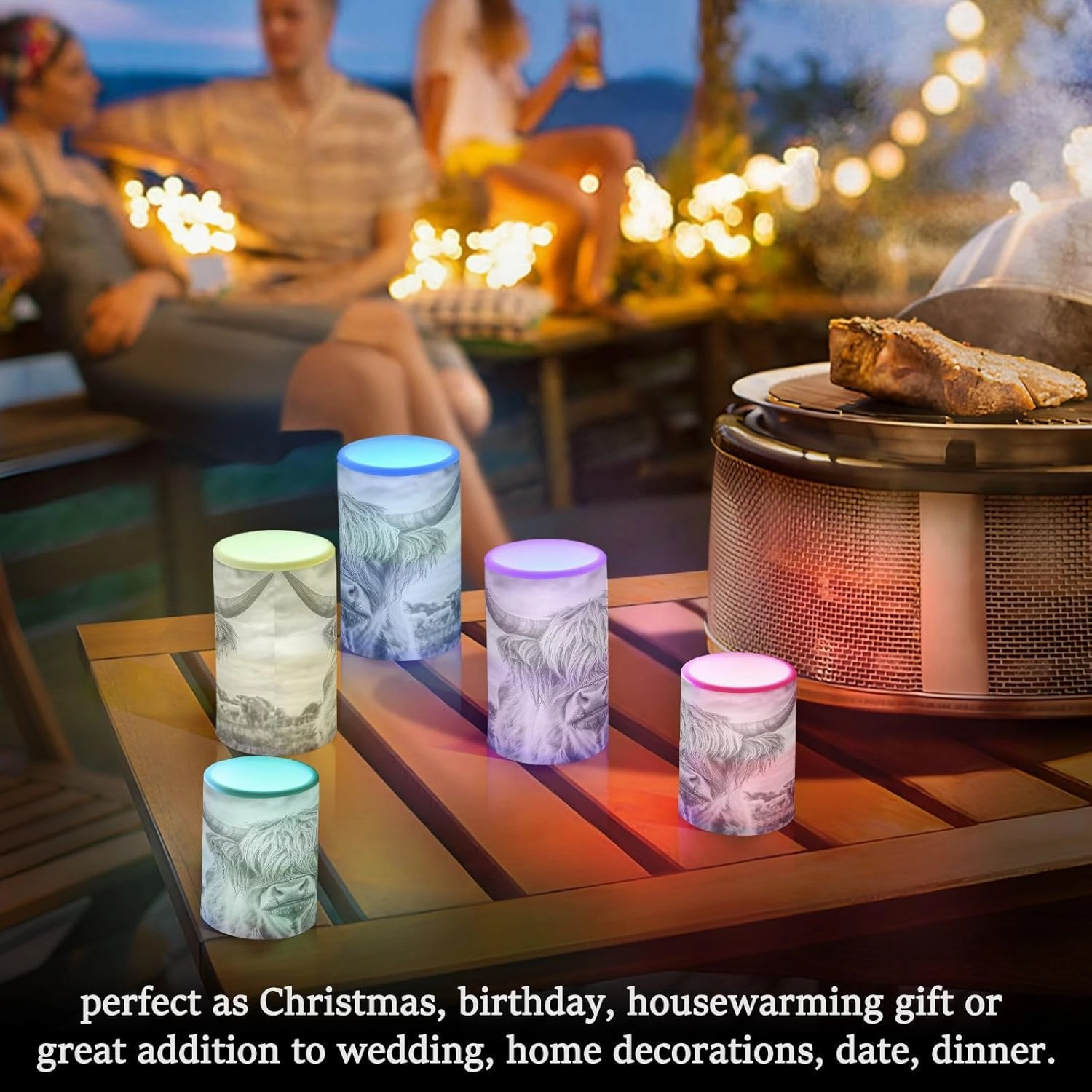 Grey White Highland Cow Pattern Flickering Flameless Candles LED Battery Operated with Remote Timer Pillar Candles for Home Birthday Wedding Christmas Decor, Set of 2