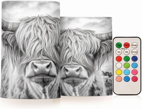 Grey White Highland Cow Pattern Flickering Flameless Candles LED Battery Operated with Remote Timer Pillar Candles for Home Birthday Wedding Christmas Decor, Set of 2