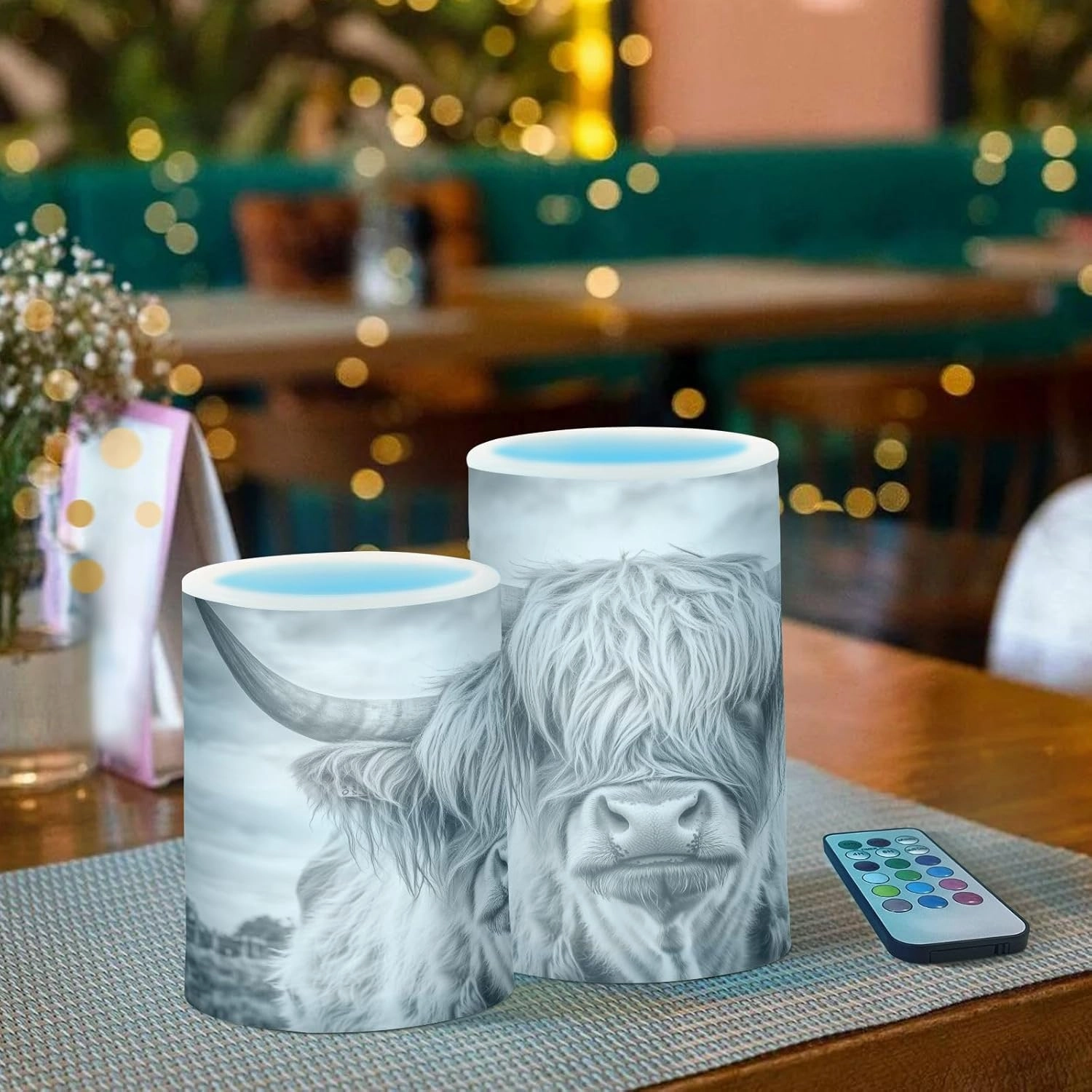 Grey White Highland Cow Pattern Flickering Flameless Candles LED Battery Operated with Remote Timer Pillar Candles for Home Birthday Wedding Christmas Decor, Set of 2