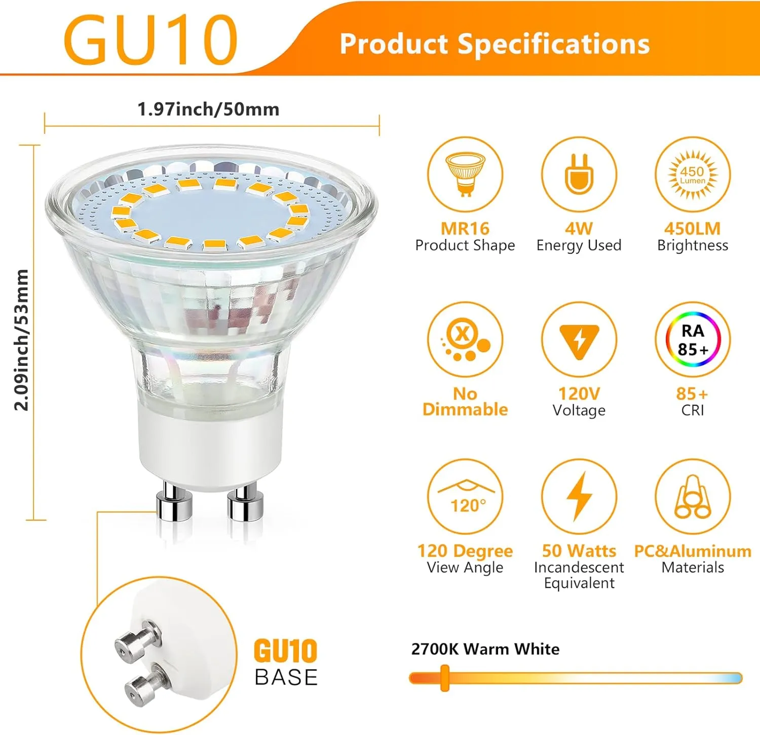 GU10 LED Light Bulb, 50 Watt Halogen Equivalent, Warm White 2700K 450LM Non-Dimmable 4W LED Replacement Recessed Track Lighting, 5-Pack
