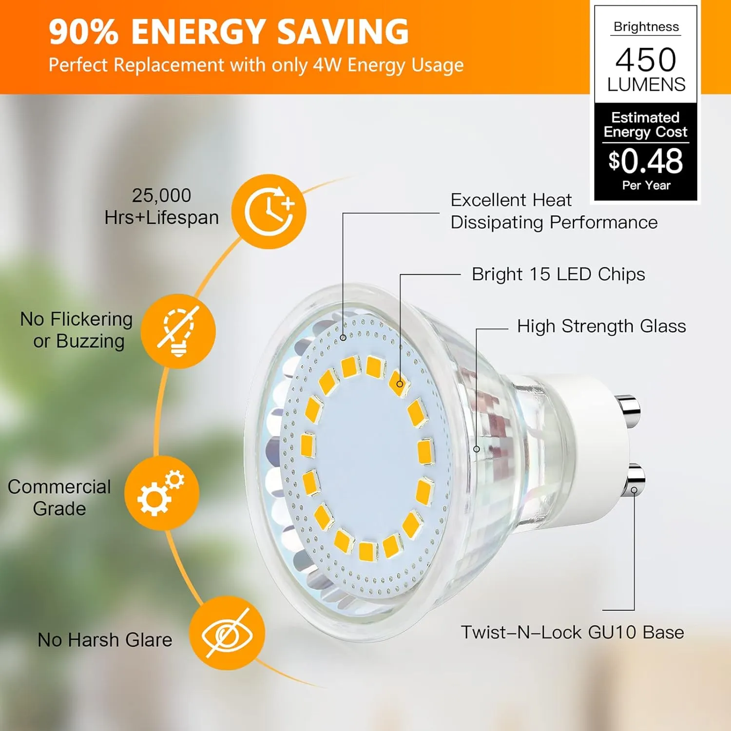 GU10 LED Light Bulb, 50 Watt Halogen Equivalent, Warm White 2700K 450LM Non-Dimmable 4W LED Replacement Recessed Track Lighting, 5-Pack