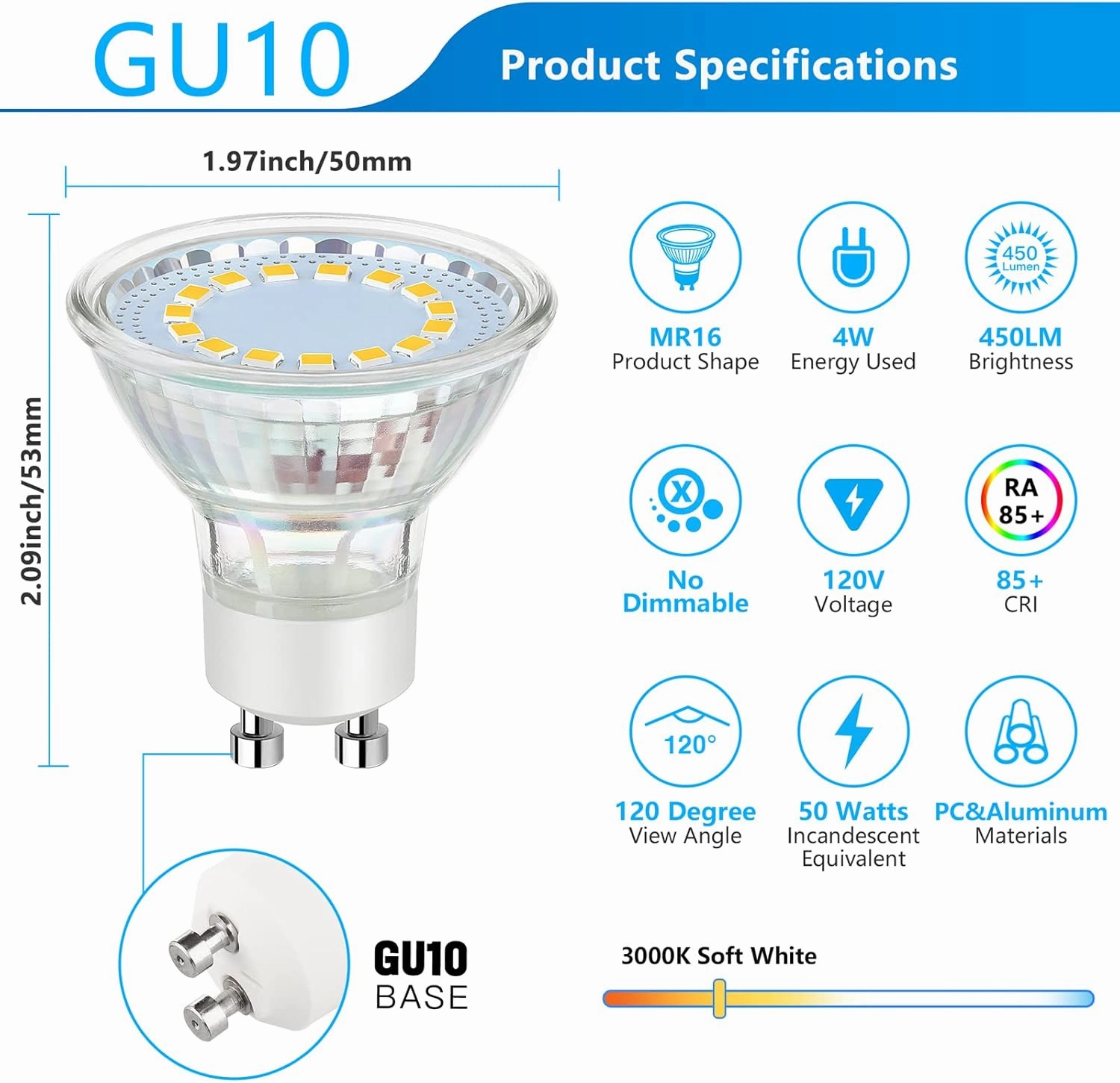 GU10 LED Light Bulb, 50 Watt Halogen Equivalent, Soft White 3000K 450LM Non-Dimmable 4W LED Replacement Recessed Track Lighting, 5-Pack