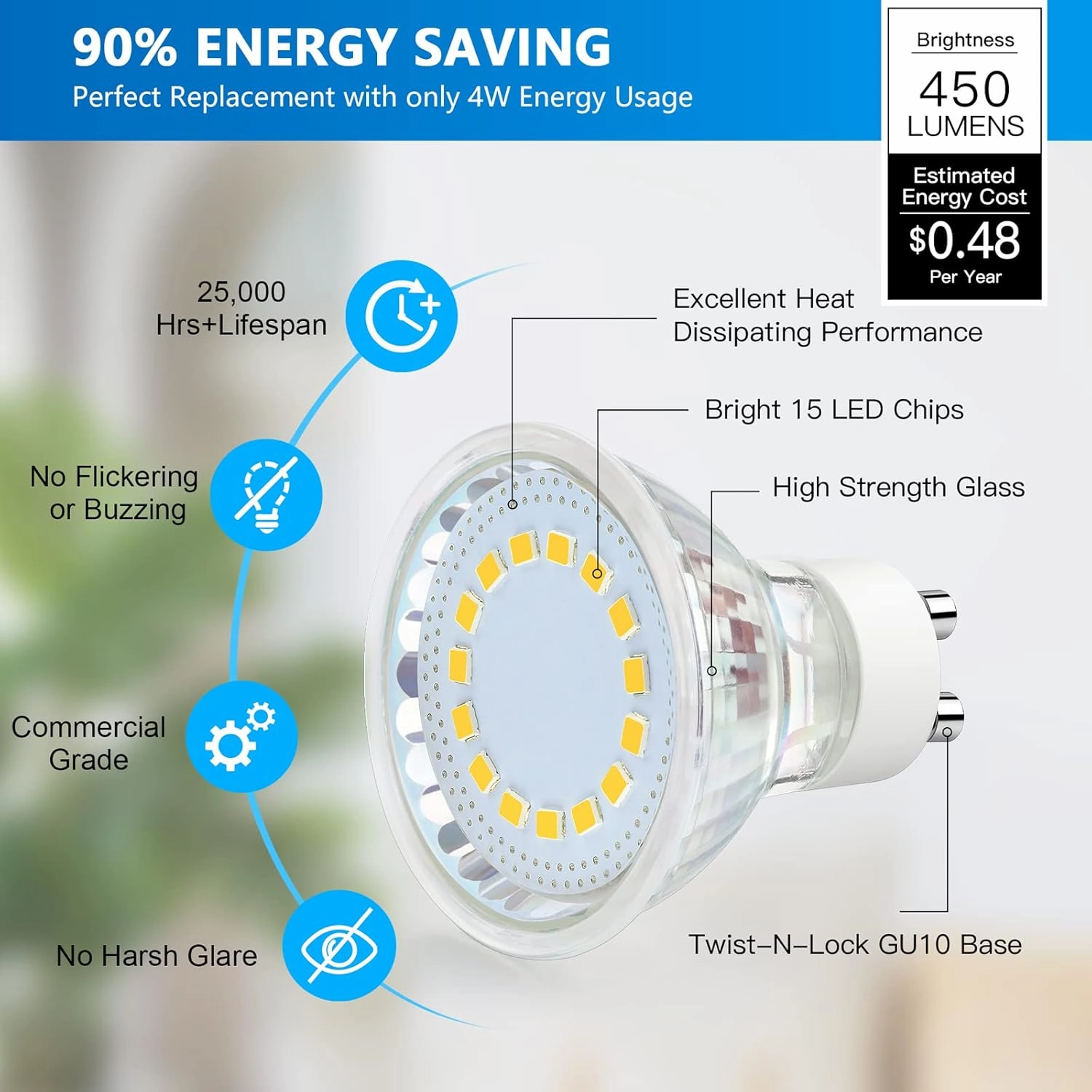 GU10 LED Light Bulb, 50 Watt Halogen Equivalent, Soft White 3000K 450LM Non-Dimmable 4W LED Replacement Recessed Track Lighting, 5-Pack