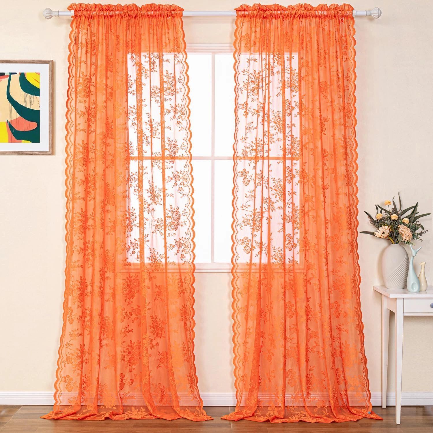 H.ebony Burnt Orange Sheer Curtains 45 Inch Length for Kitchen Window, Country Rustic Floral Rust Lace, Rod Pocket Privacy Short Panels, 52 x 45 Inch, 2 Panels
