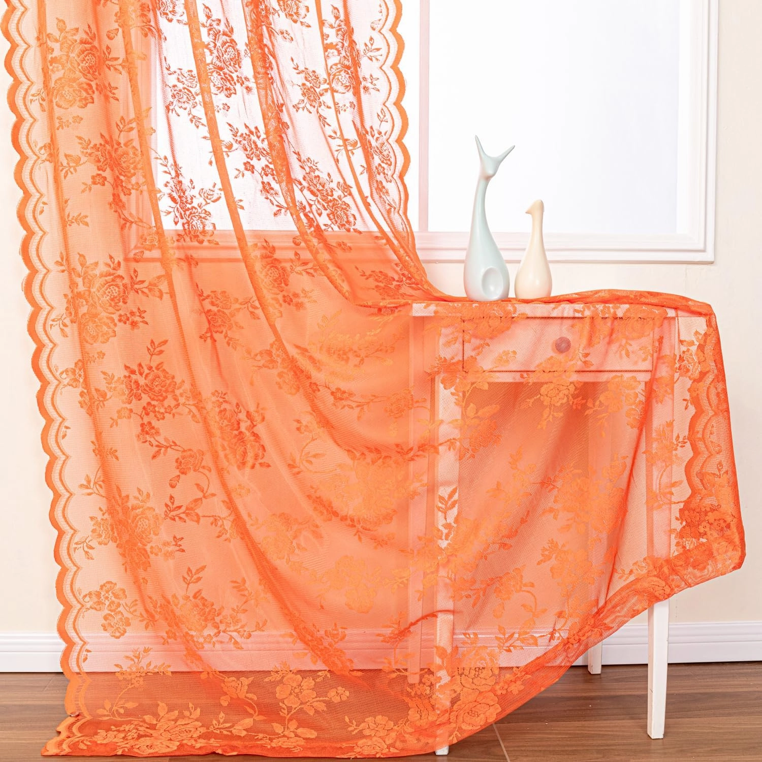 H.ebony Burnt Orange Sheer Curtains 45 Inch Length for Kitchen Window, Country Rustic Floral Rust Lace, Rod Pocket Privacy Short Panels, 52 x 45 Inch, 2 Panels