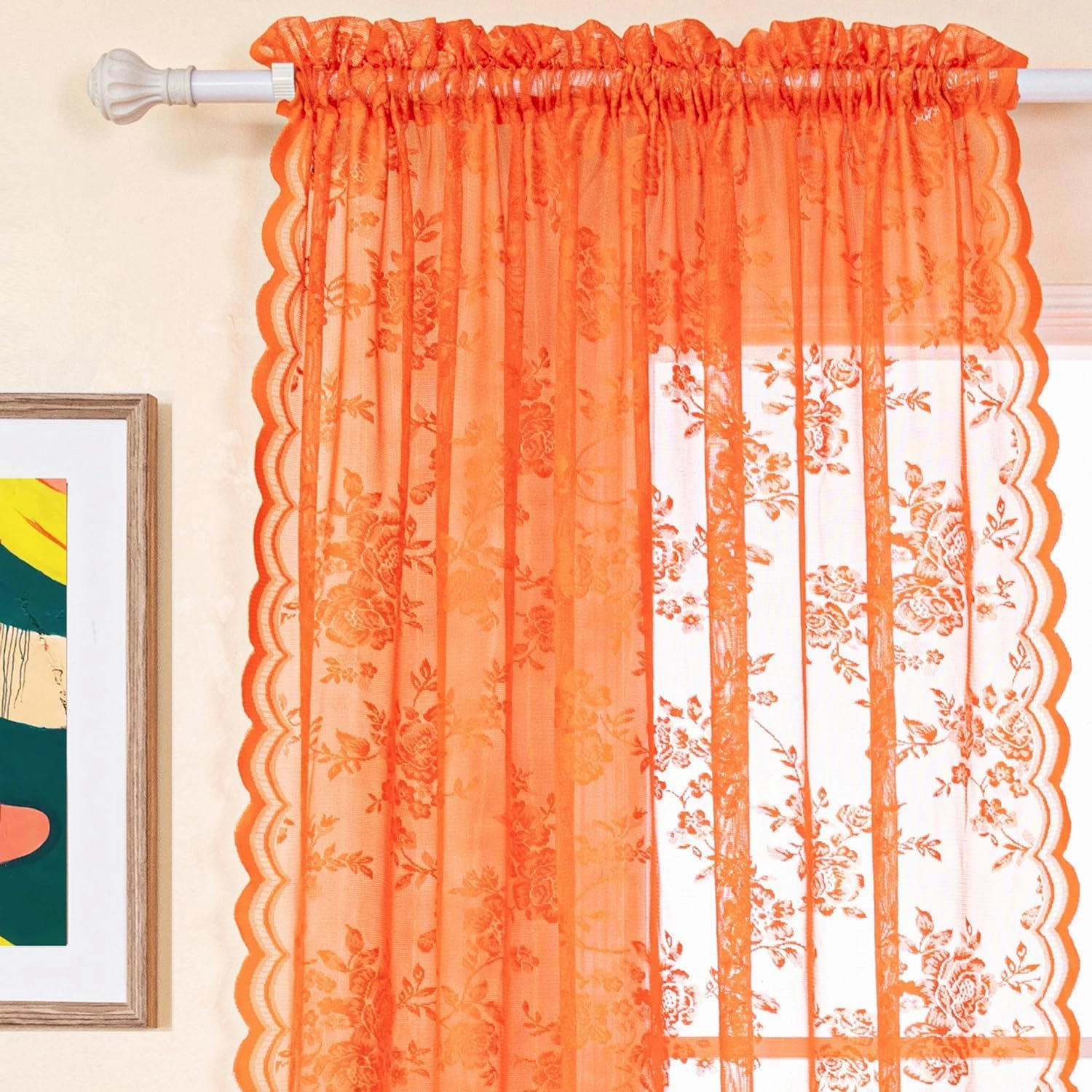 H.ebony Burnt Orange Sheer Curtains 45 Inch Length for Kitchen Window, Country Rustic Floral Rust Lace, Rod Pocket Privacy Short Panels, 52 x 45 Inch, 2 Panels