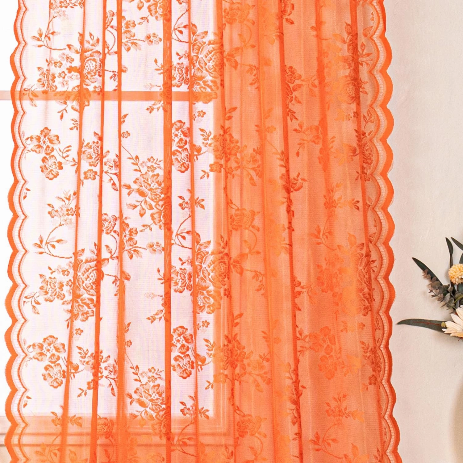 H.ebony Burnt Orange Sheer Curtains 45 Inch Length for Kitchen Window, Country Rustic Floral Rust Lace, Rod Pocket Privacy Short Panels, 52 x 45 Inch, 2 Panels