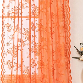 H.ebony Burnt Orange Sheer Curtains 45 Inch Length for Kitchen Window, Country Rustic Floral Rust Lace, Rod Pocket Privacy Short Panels, 52 x 45 Inch, 2 Panels