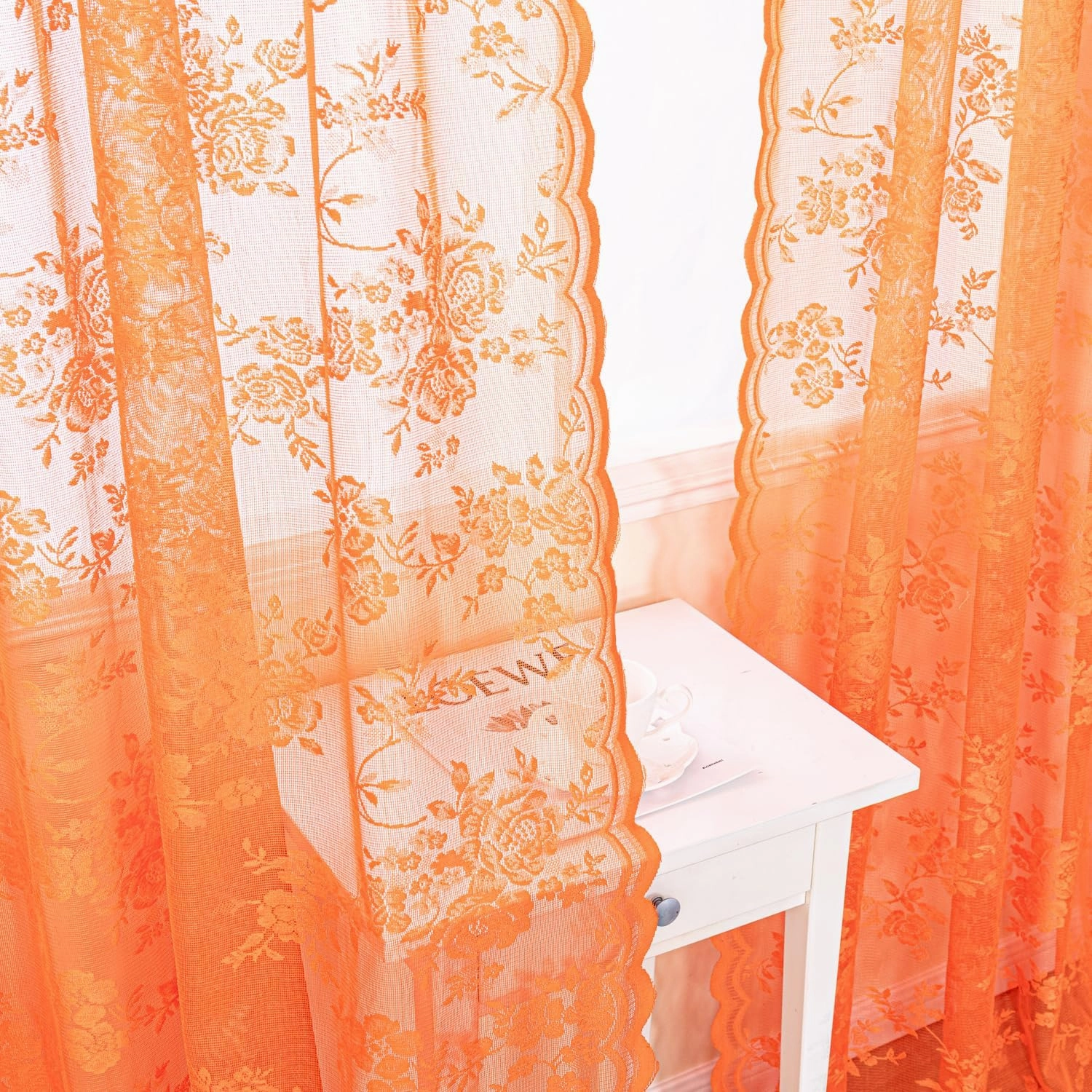 H.ebony Burnt Orange Sheer Curtains 45 Inch Length for Kitchen Window, Country Rustic Floral Rust Lace, Rod Pocket Privacy Short Panels, 52 x 45 Inch, 2 Panels