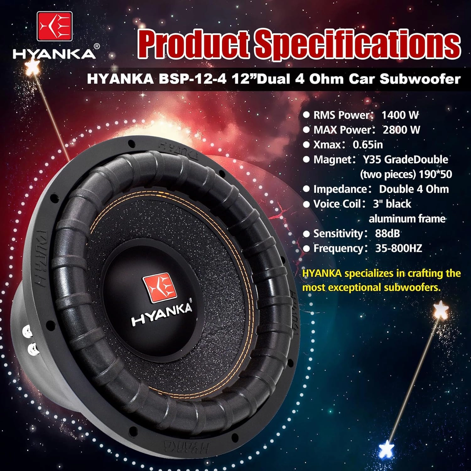 H YANKA BSP-12-4 12 Inch Subwoofer – 2800W Max Power, 1400W RMS, 3" Dual Voice Coil, 4 Ohm, Car Audio Subwoofer, Black Aluminum Basket, Paper Cone, Deep Bass for Cars