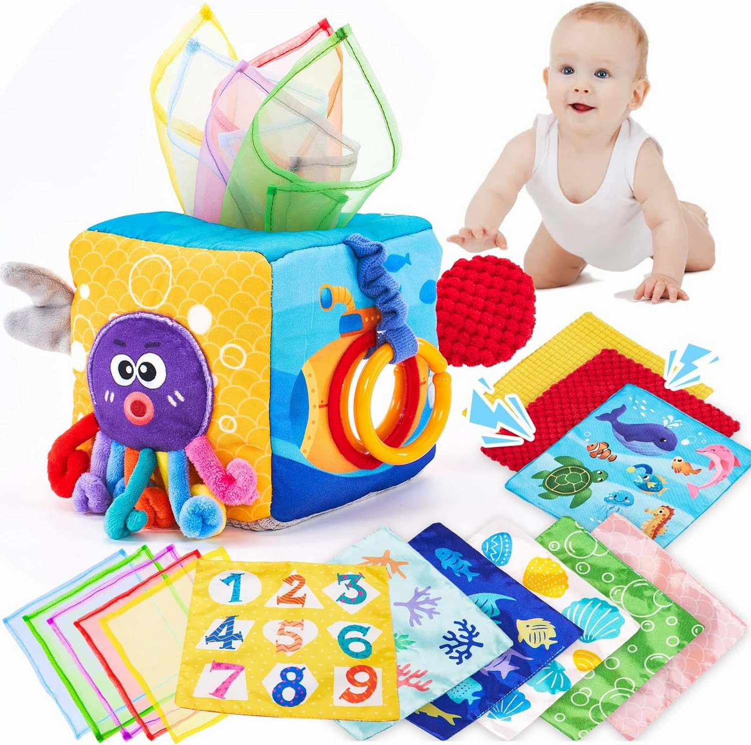 hahaland Baby Tissue Box Toy - Baby Toys 6-12 Months Montessori Toys for 6 Month Old with Textured Tails, Cloth Tissues, Crinkle, Squeaky Sounds, Mirror - Gifts Play Silks Sensoy Scarves for Babies