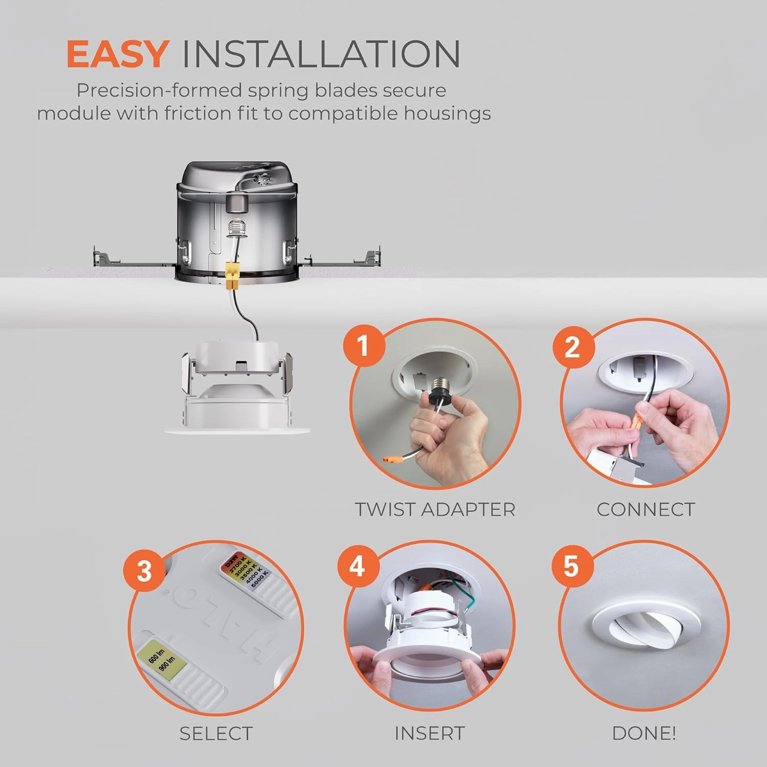 HALO RA 4-Inch Recessed LED Trim Downlight with Adjustable Gimbal, Selectable Lumens and Color Temperatures, Dim-to-Warm - RA4LS9FSD2W1EWH