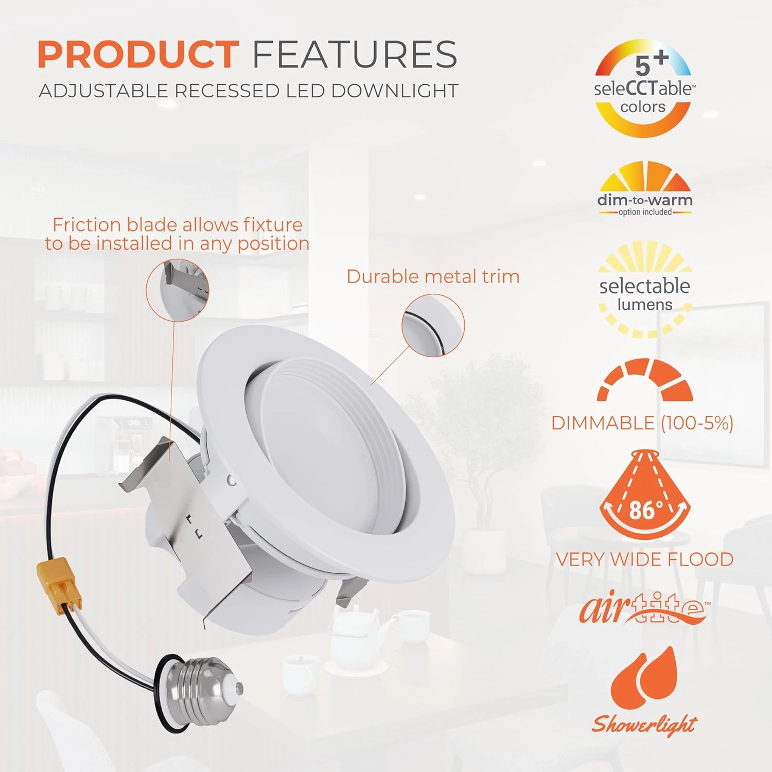 HALO RA 4-Inch Recessed LED Trim Downlight with Adjustable Gimbal, Selectable Lumens and Color Temperatures, Dim-to-Warm - RA4LS9FSD2W1EWH