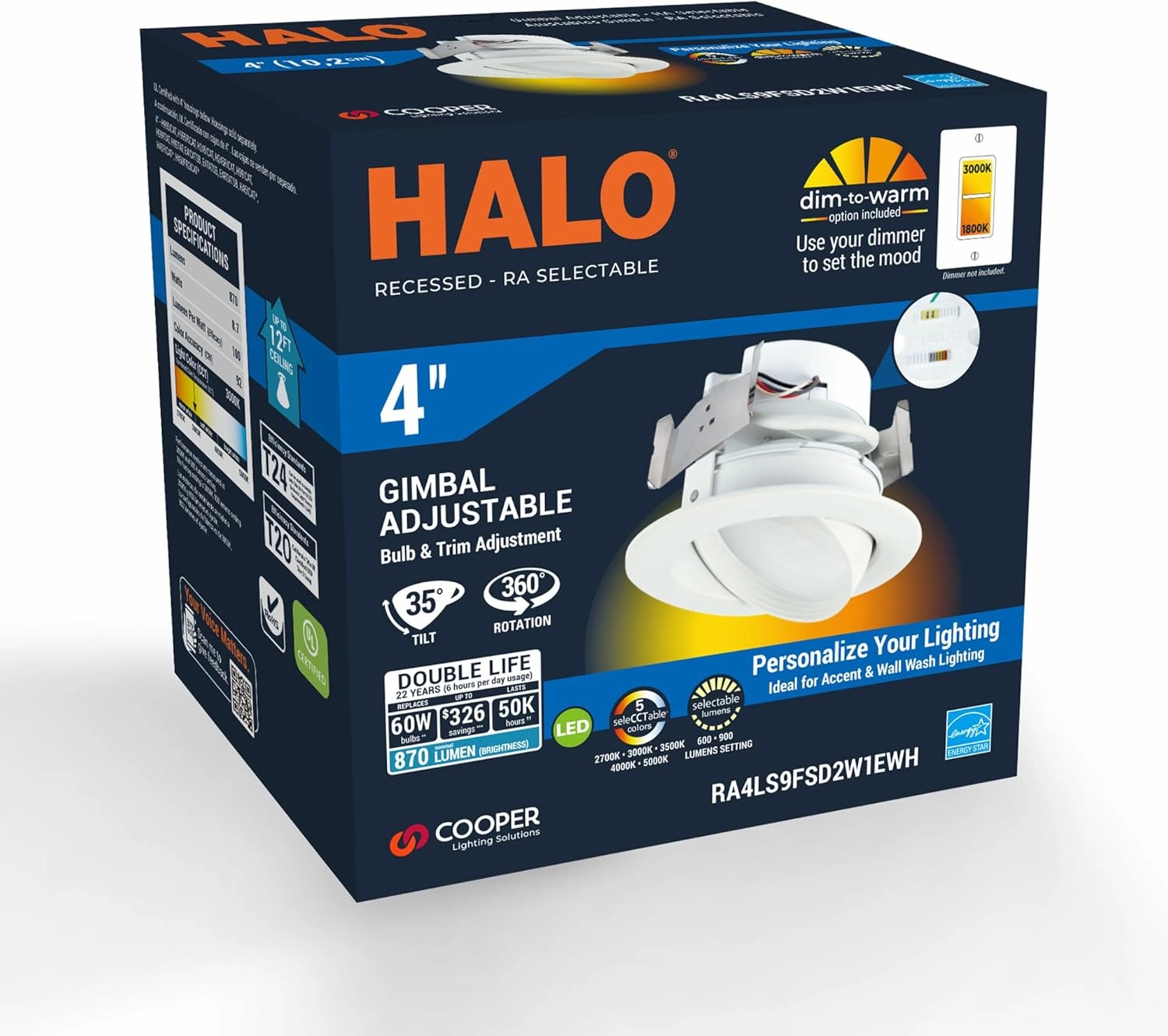 HALO RA 4-Inch Recessed LED Trim Downlight with Adjustable Gimbal, Selectable Lumens and Color Temperatures, Dim-to-Warm - RA4LS9FSD2W1EWH