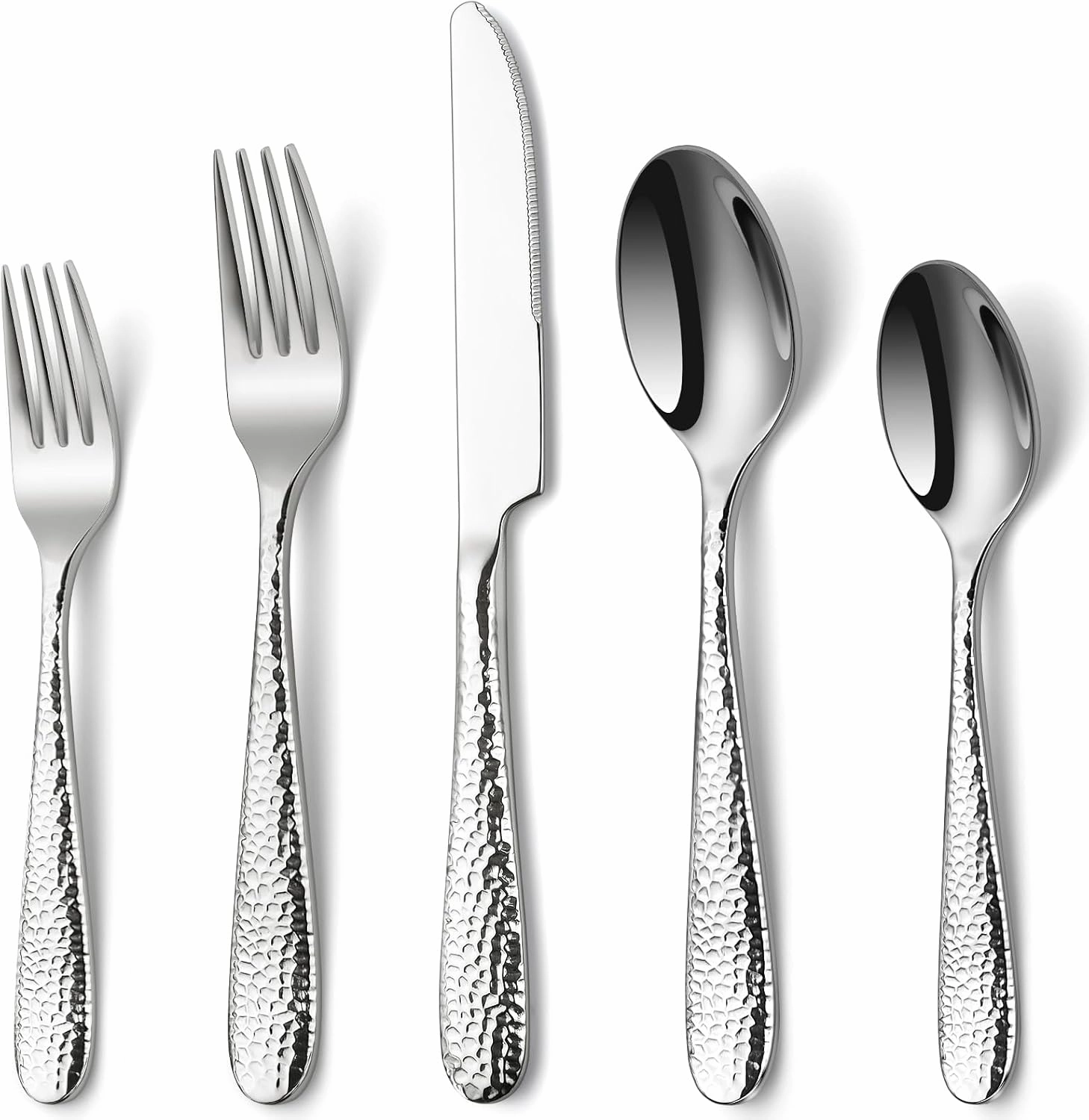 Hammered Silverware Set, EUIRIO 40-Piece Heavy Duty Cutlery Set for 8, Stainless Steel Flatware Set, Food-Grade Utensil Sets Includes Spoons Forks and Knives, Mirror Finish Dishwasher Safe