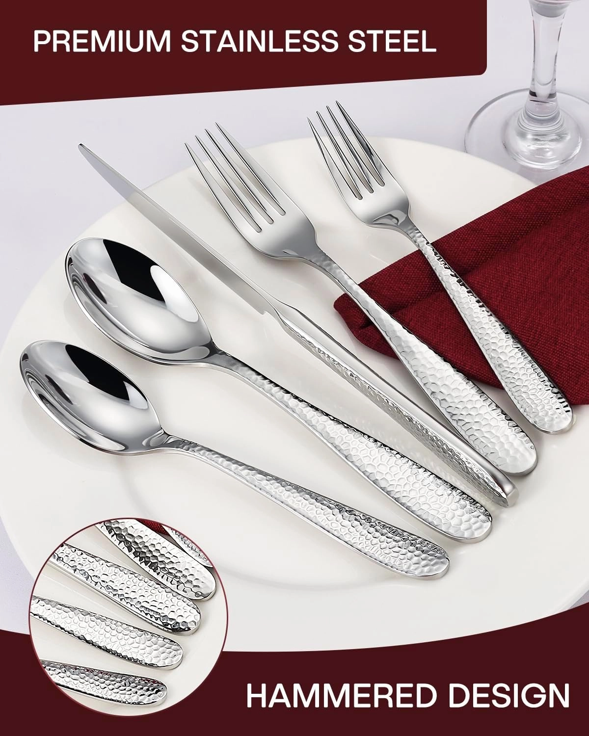 Hammered Silverware Set, EUIRIO 40-Piece Heavy Duty Cutlery Set for 8, Stainless Steel Flatware Set, Food-Grade Utensil Sets Includes Spoons Forks and Knives, Mirror Finish Dishwasher Safe