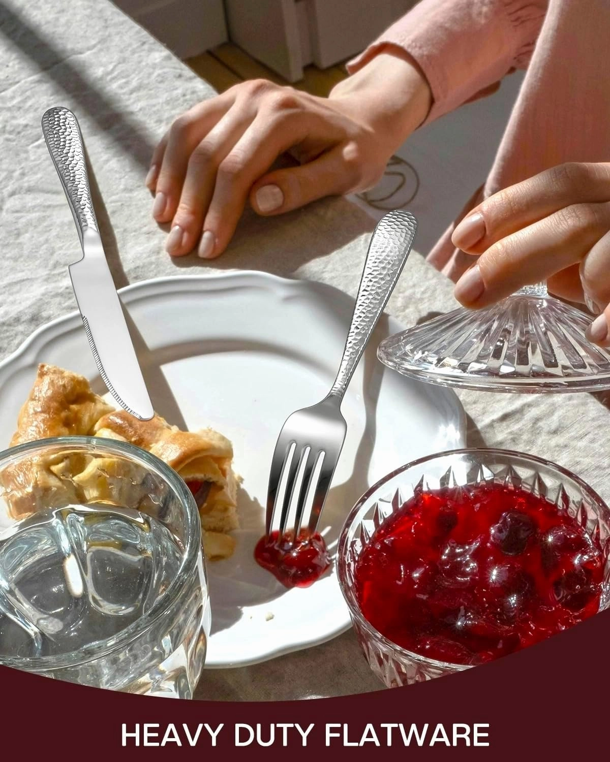 Hammered Silverware Set, EUIRIO 40-Piece Heavy Duty Cutlery Set for 8, Stainless Steel Flatware Set, Food-Grade Utensil Sets Includes Spoons Forks and Knives, Mirror Finish Dishwasher Safe