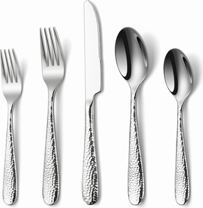 Hammered Silverware Set, EUIRIO 40-Piece Heavy Duty Cutlery Set for 8, Stainless Steel Flatware Set, Food-Grade Utensil Sets Includes Spoons Forks and Knives, Mirror Finish Dishwasher Safe
