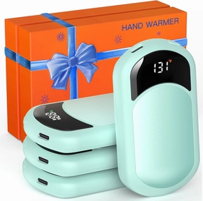 Hand Warmers Rechargeable, 4 Pack Electric Hand Warmer with Gift Box, LED Battery and Temperature Display, Quick Heating Portable Pocket Heater, for Men Women, Camping, Hunting Cyan
