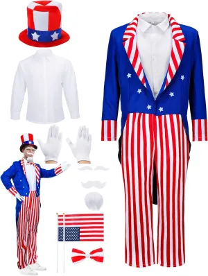 Handepo 9 Pieces 4th of July Costume Set Patriotic Top Hat American Usa Flag Independence Uncle Cosplay Party