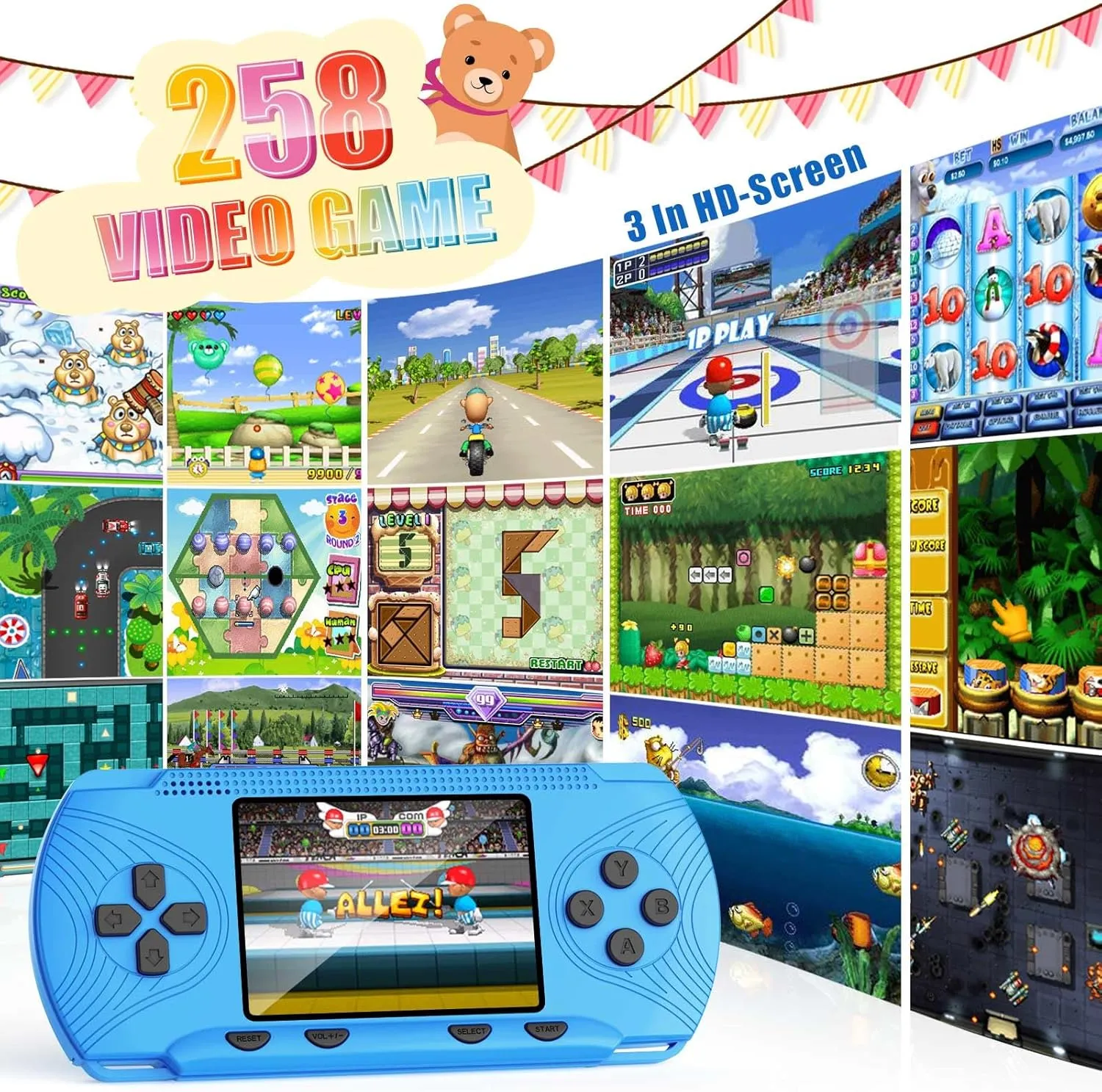 Handheld Games for Kids, Handheld Game Console Built-in 258 Video Games, 3" HD Screen, Portable Video Game Console, Christmas Gaming Console, for Kids, Electronic Toys Ages 4-12
