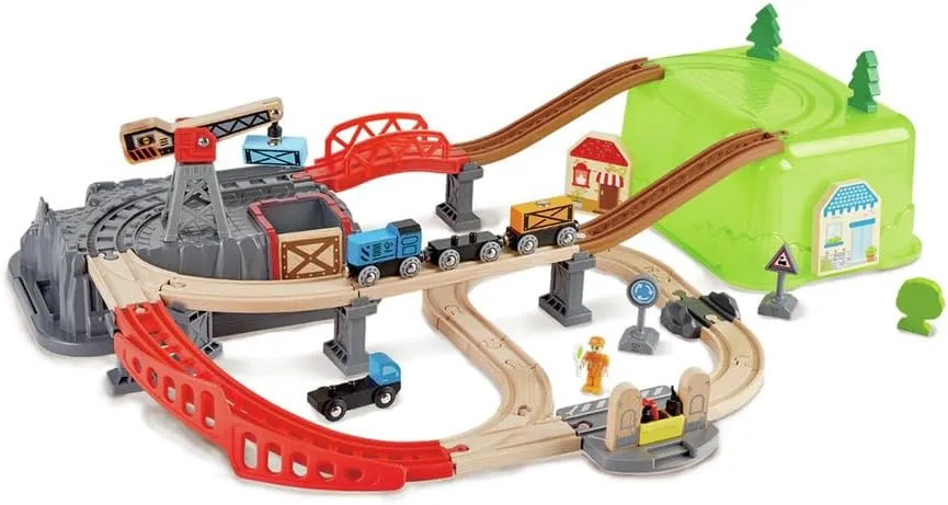 Hape Railway Bucket Builder Set | 50-Piece Multi-Color Wooden Train Set Toy, Construction Building Kit for Kids