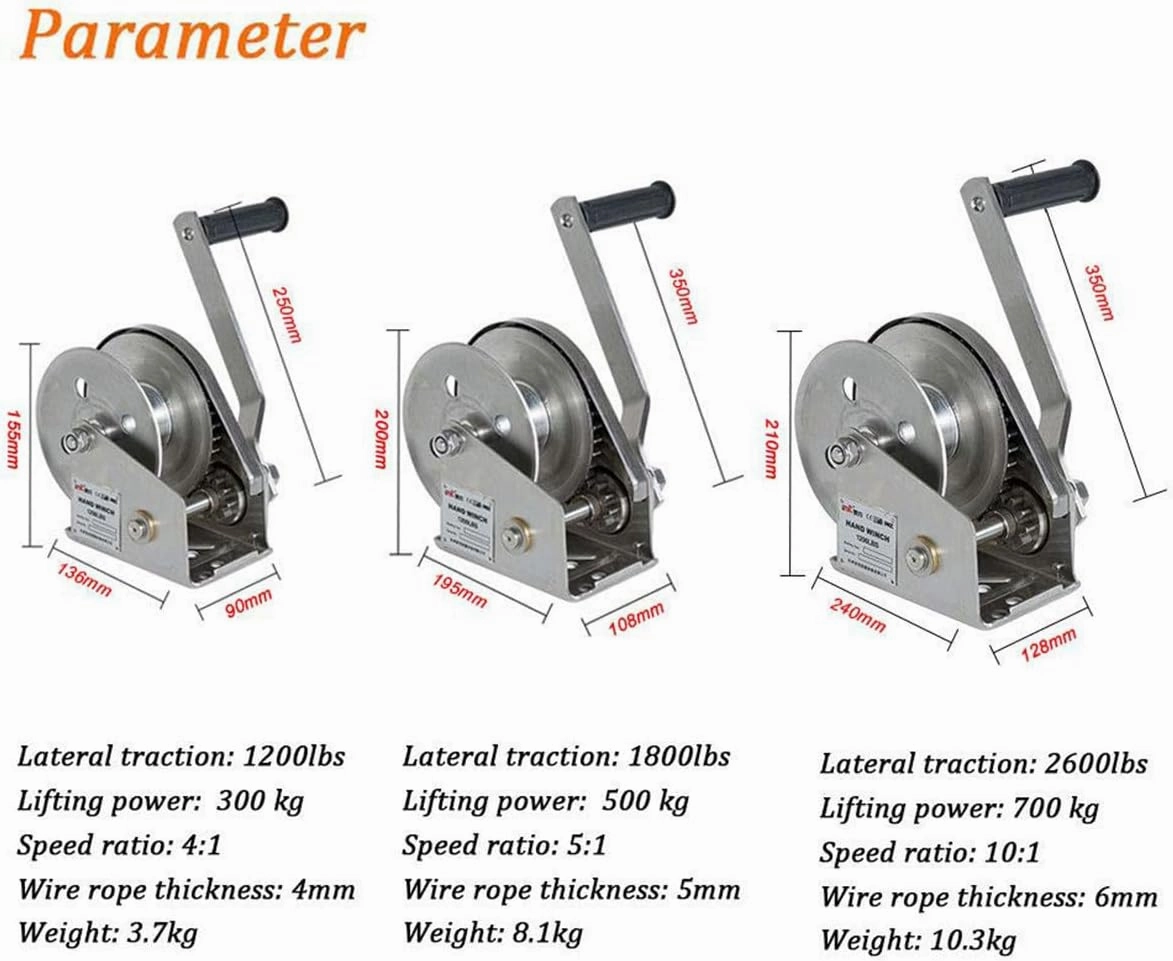 Heavy Duty Hand Winch,Crank Ratchet Gear Winch for ATV RV Boat Trailer Truck Marine Winch,Self-Locking Stainless Steel Boat Windlass (1200lbs 5m) (2600lbs 30m)