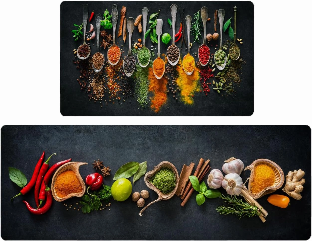 Herbs and Spices Kitchen Rug Set 2 Piece Non Slip Waterproof Floor Mats for Kitchen Laundry Farmhouse Anti Fatigue Runner Rug Comfort Standing Mat Doormat, 17" W x 29" L   17" W x 47" L
