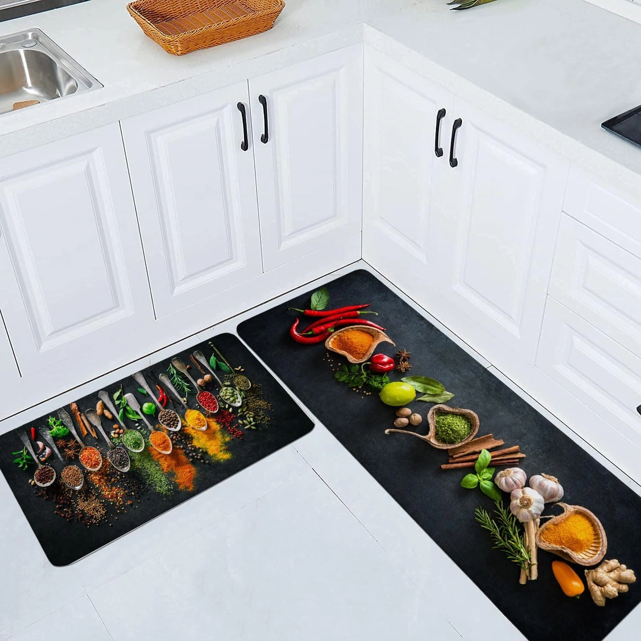 Herbs and Spices Kitchen Rug Set 2 Piece Non Slip Waterproof Floor Mats for Kitchen Laundry Farmhouse Anti Fatigue Runner Rug Comfort Standing Mat Doormat, 17" W x 29" L   17" W x 47" L