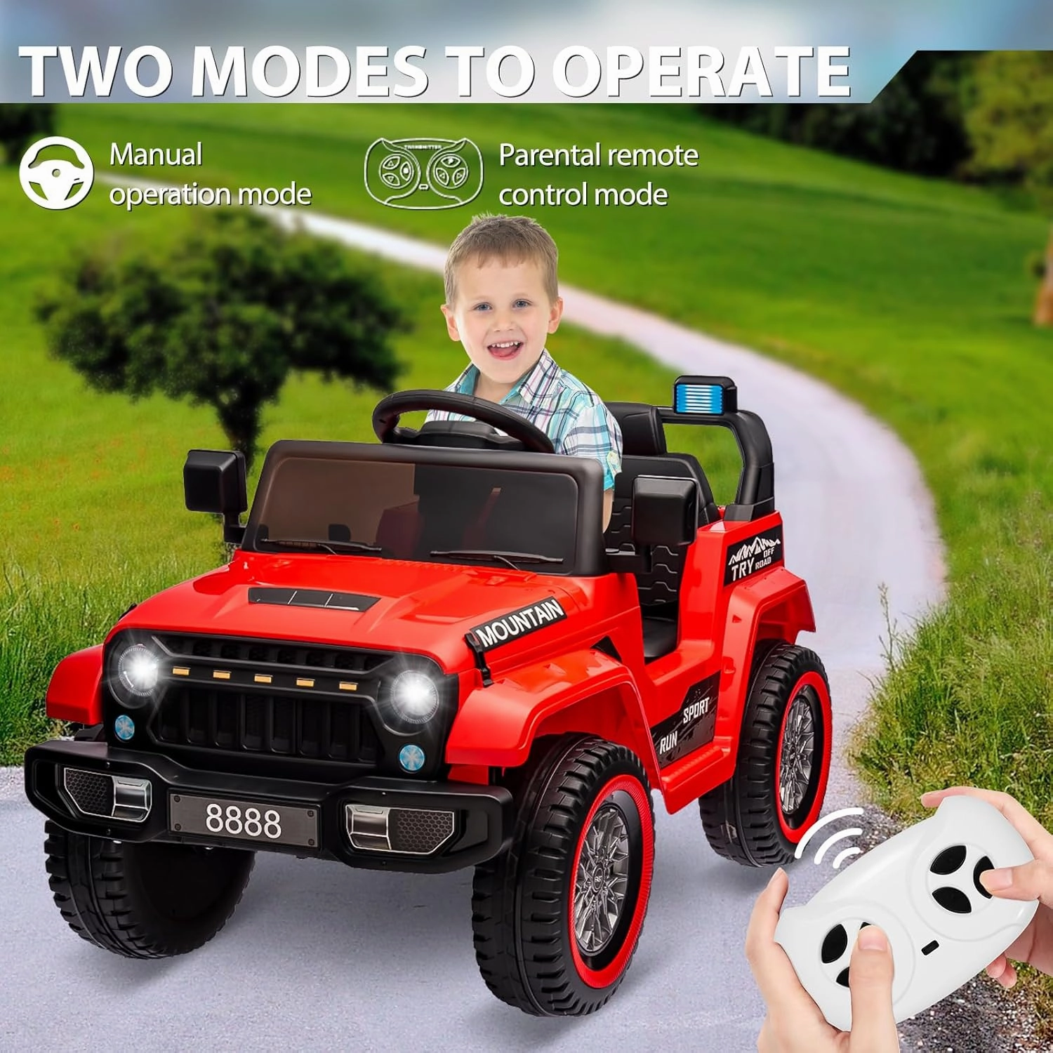 Hetoy Kids Ride On Truck Car, 12V Battery Powered Electric Vehicle Toy w/Parent Remote Control, Spring Suspension, 3 Speeds, LED Light, Music & Horn, Electric Cars for Kid, Gift for Boy Girl, Deep Red