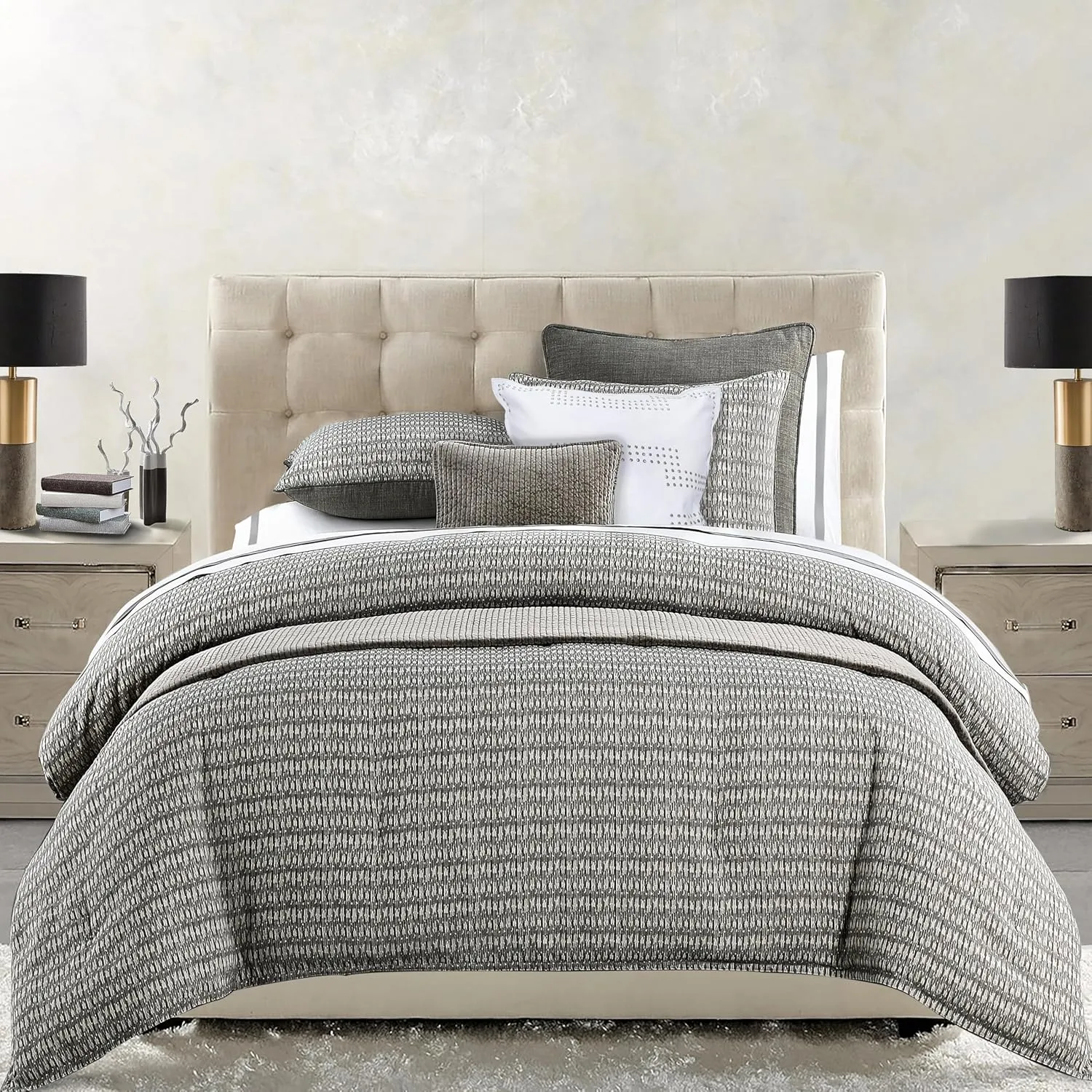 HiEnd Accents Fenton 3 Piece Queen Size Duvet Cover Set, Gray Cream Geometric Woven Jacquard Bedding Set, Classic Modern Rustic Bed Set, 1 Comforter Cover and 2 Pillow Shams
