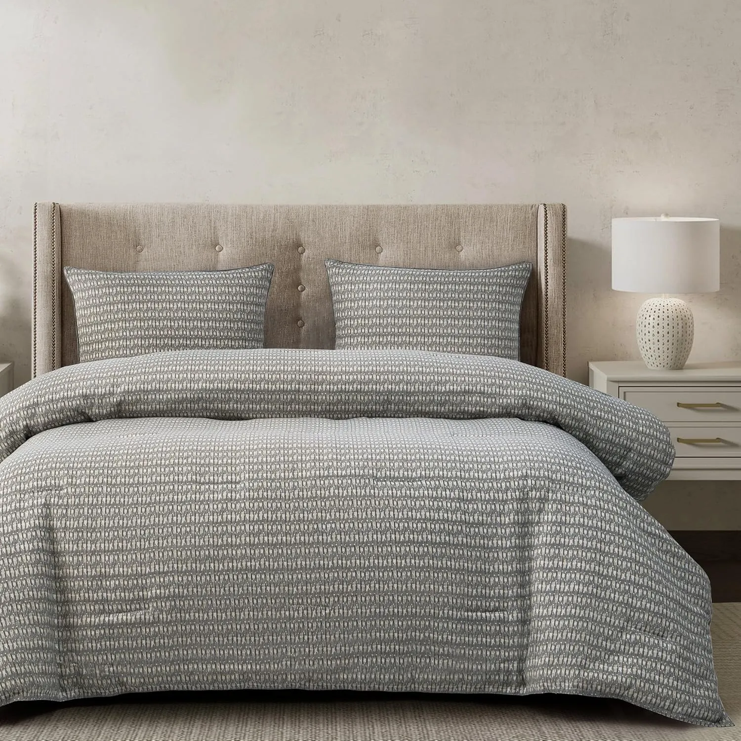 HiEnd Accents Fenton 3 Piece Queen Size Duvet Cover Set, Gray Cream Geometric Woven Jacquard Bedding Set, Classic Modern Rustic Bed Set, 1 Comforter Cover and 2 Pillow Shams