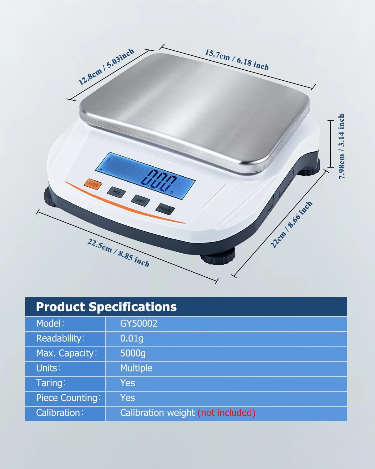High Precision Lab Analytical Balance, Digital Lab Scale, Max 5000g, Sensitivity 0.01g, Stainless Steel, Multi-Function (g/ct/oz/lb), for Laboratories, Schools, Scientific, Jewelry, Kitchen