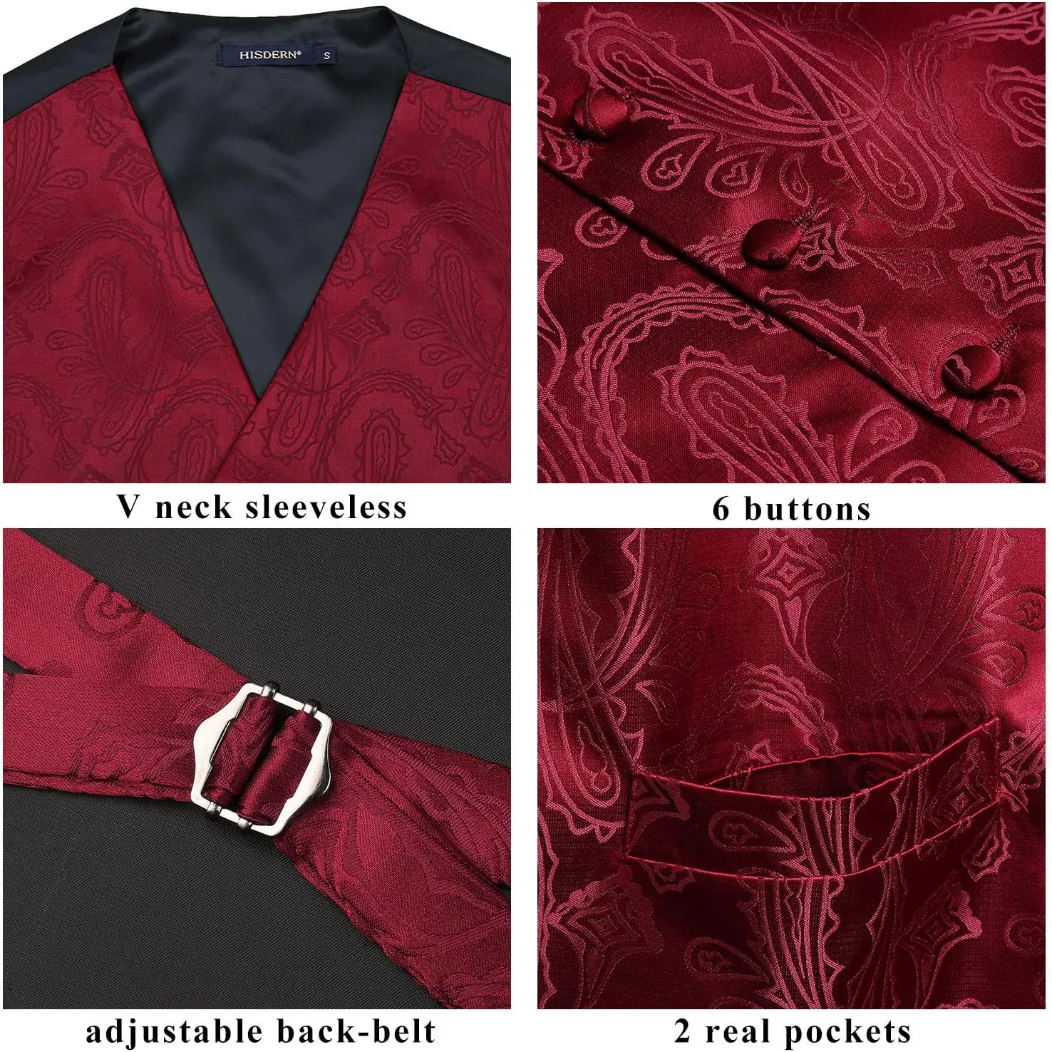HISDERN Mens Vest Tie Set 3PC Formal Waistcoat Paisley Floral Jacquard Necktie Pocket Square Suit Vests Wedding Party