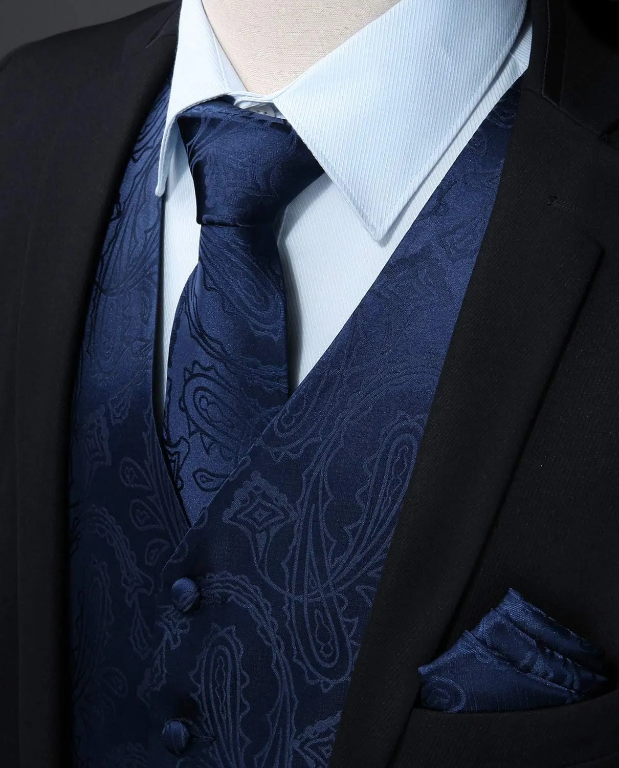 HISDERN Mens Vest Tie Set 3PC Formal Waistcoat Paisley Floral Jacquard Necktie Pocket Square Suit Vests Wedding Party