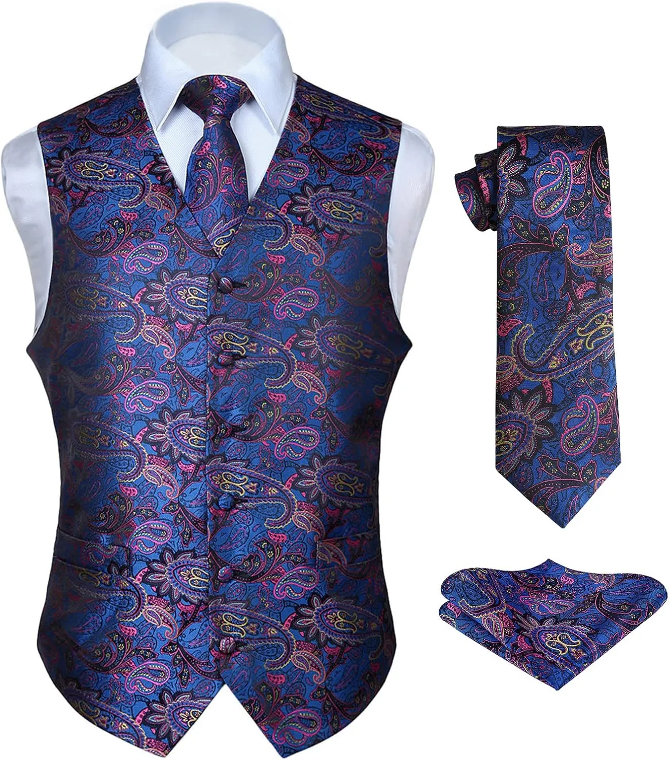 HISDERN Mens Vest Tie Set 3PC Formal Waistcoat Paisley Floral Jacquard Necktie Pocket Square Suit Vests Wedding Party
