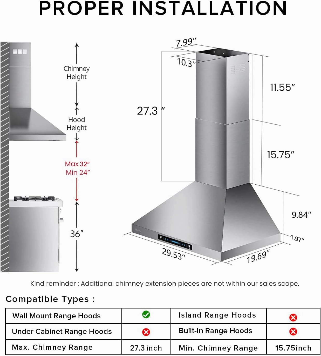 HisoHu Wall Mount Range Hood 30 Inch,Ductless/Ducted Convertible, 780 CFM Kitchen Vent Hood, Stainless Steel Mesh Filters,4 Speed Gesture Sensing&Touch Control Panel, Stainless Steel Kitchen Vent