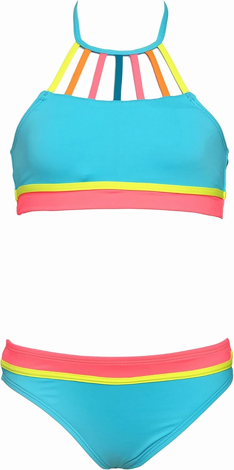Hobie Girls Hi Neck Crop Bra Bikini Top & Banded Bottom Swimsuit Set