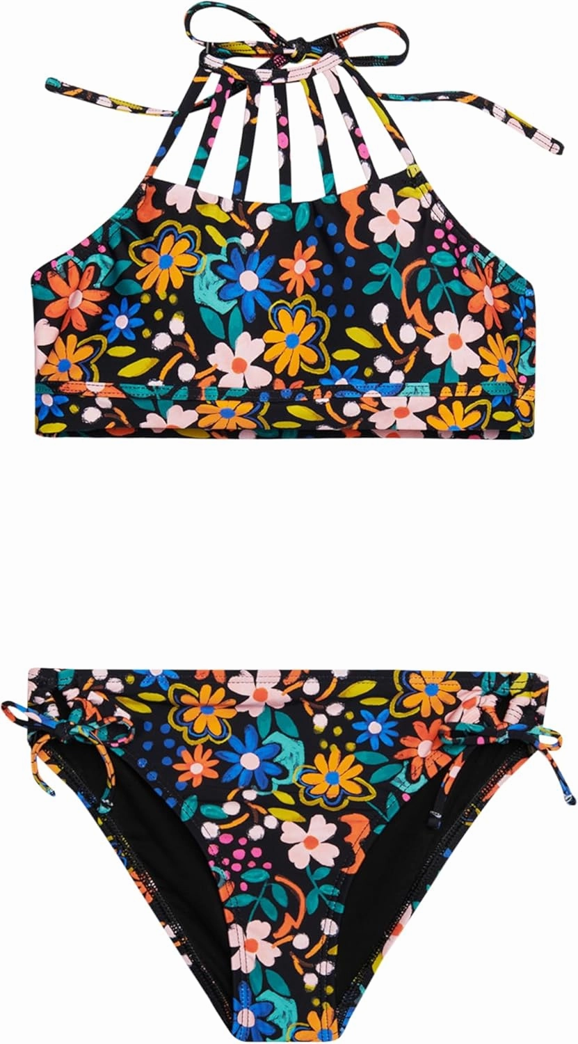 Hobie Girls High Neck Halter Top and Side Tie Bikini Bottom Set