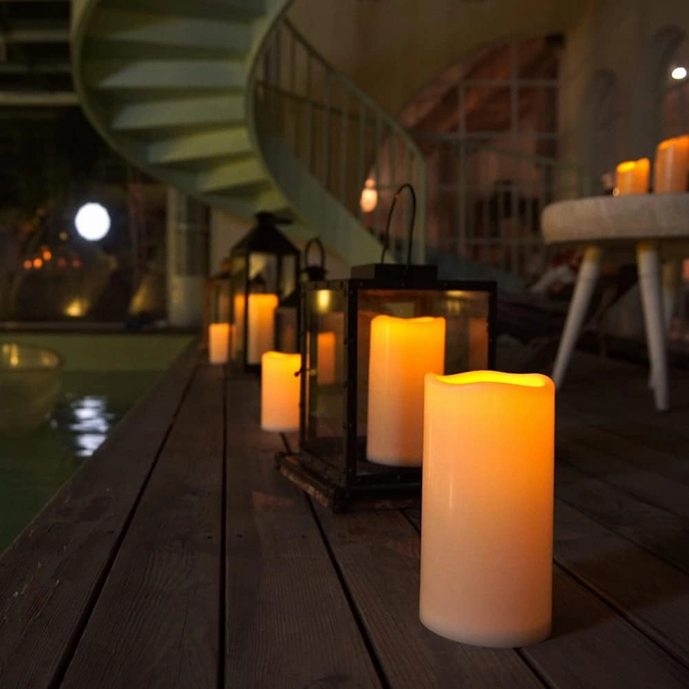 Homemory 4" x 6" Large Waterproof Outdoor Flameless Candles, Battery Operated Flickering LED Pillar Candles with Remote and Timers for Indoor Outdoor Lanterns, Long Lasting, Dark Ivory, Set of 2