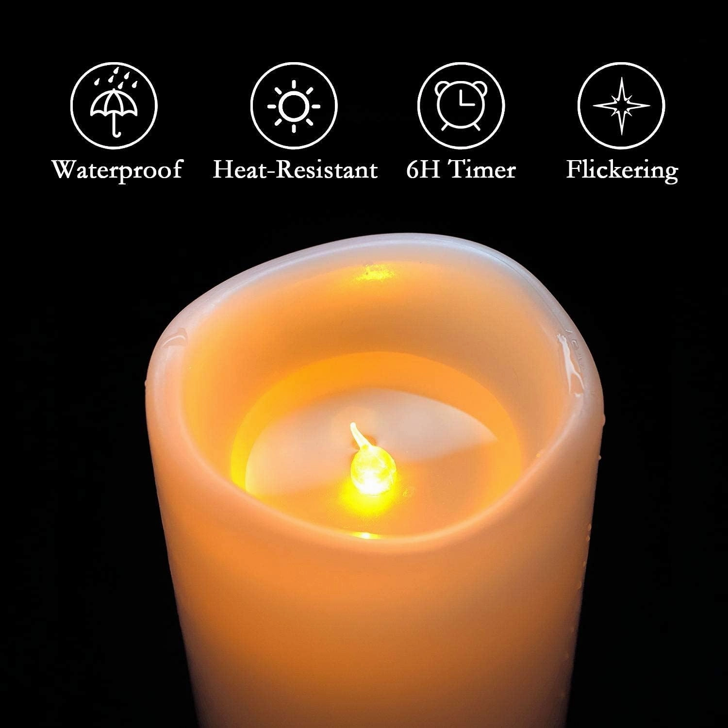 Homemory 4" x 6" Large Waterproof Outdoor Flameless Candles, Battery Operated Flickering LED Pillar Candles with Remote and Timers for Indoor Outdoor Lanterns, Long Lasting, Dark Ivory, Set of 2