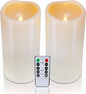 Homemory 4" x 8" Waterproof Outdoor Flameless Candles, Battery Operated Flickering LED Pillar Candles with Remote and Timers for Indoor Outdoor Lanterns, Long Lasting, Large, Dark Ivory, Set of 2