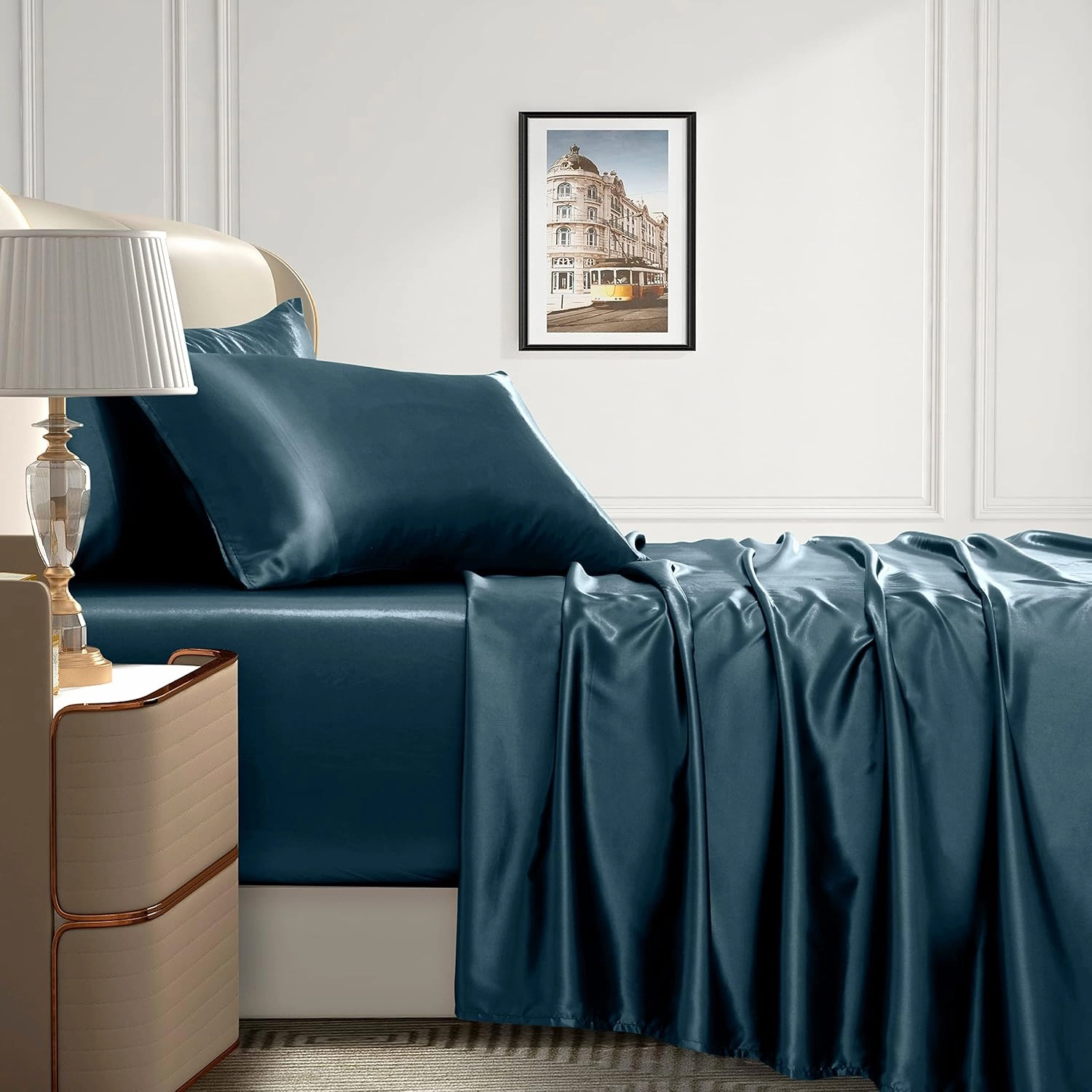 Homiest 4pcs Extra Deep Pocket Satin Sheets King Size Bed Set, 18-24 Inch Deep Pocket Bed Sheets Deep Sea Blue Satin Sheet Set, Silky Satin Bedding Set Soft Fitted Sheet Set Fits Ultra Deep Mattress