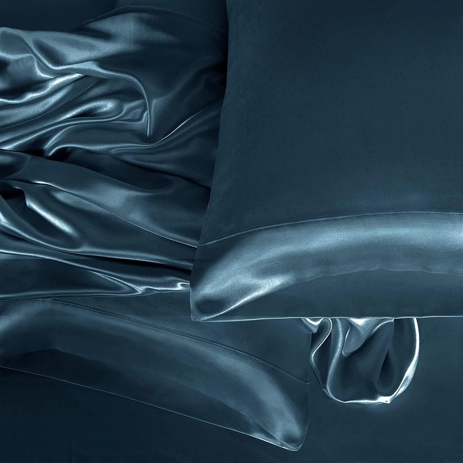 Homiest 4pcs Extra Deep Pocket Satin Sheets King Size Bed Set, 18-24 Inch Deep Pocket Bed Sheets Deep Sea Blue Satin Sheet Set, Silky Satin Bedding Set Soft Fitted Sheet Set Fits Ultra Deep Mattress